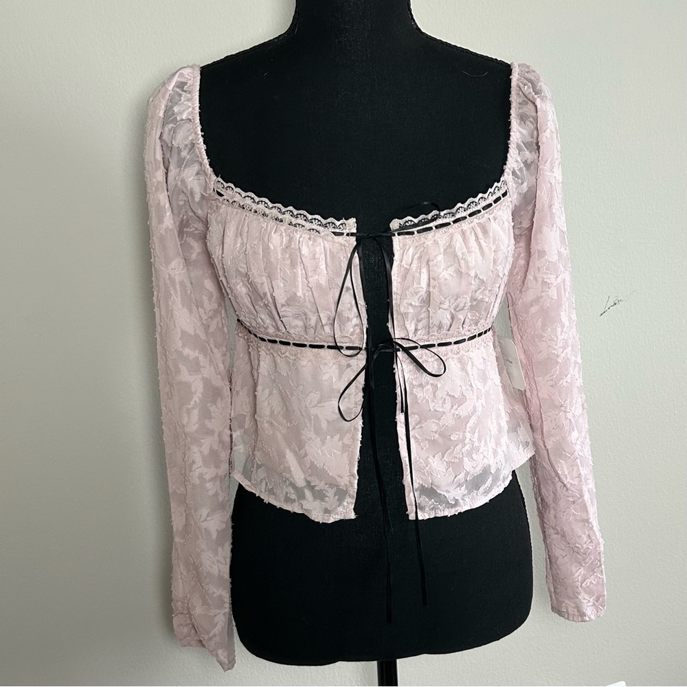 Altar'd State Pink Lace Black Tie-Front Blouse